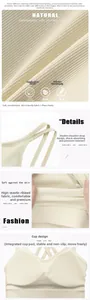Detail view of cream ribbed sports bra featuring double straps and elastic fabric texture