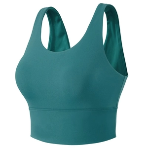 Deep teal high-impact sports bra with racerback and wide straps for yoga and fitness