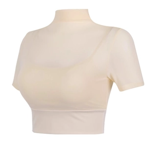 Short sleeve mesh yoga top with built-in chest pad and mock neck in off-white finish
