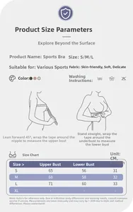 Size chart for sports bra showing measurements in CM and detailed fit guide