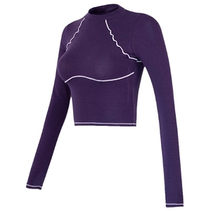 Deep purple cropped fitness long sleeve top with white contrast stitching for women