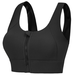 Black high-impact sports bra with front zipper and wide straps for gym training