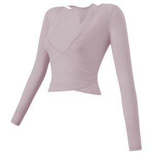 Pale purple wrap-style long sleeve yoga top with breathable high-elasticity fabric