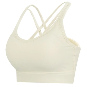 U-shaped ribbed sports bra in cream white with criss-cross back straps and wide underband