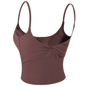 Women's chocolate brown sports bra with thin straps and twisted back cutout detail