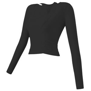 Macro detail of black wrap V-neck yoga top with high-stretch ribbed athletic fabric