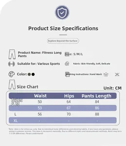 Guide des tailles pour leggings de yoga avec mesures S, M, L en CM et tissu soyeux