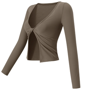 Top Corto da Donna Sexy Scollo a V Manica Lunga Nodo Incrociato Maglia a Costine Slim Fit Sport Yoga Palestra Top