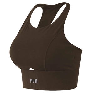 Soutien-gorge de sport marron foncé à col montant, dos nageur et découpe