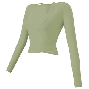 Sage green long sleeve wrap yoga crop top for women featuring deep V-neck and slim fit