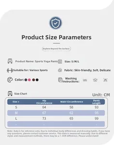 Size guide for high waist yoga flare pants including waist and hip measurements in cm