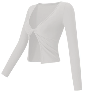 Top da yoga bianco a maniche lunghe con nodo frontale, tessuto a coste e scollo a V