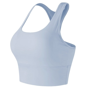 Reggiseno sportivo azzurro con spalline larghe e bordo di sostegno, vista laterale a 45°