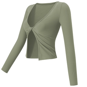 Top da yoga a maniche lunghe slim fit con nodo frontale in maglia a costine verde oliva