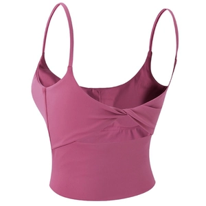 Mauve cross twist back sports bra with thin straps and breathable triangle cutout detail
