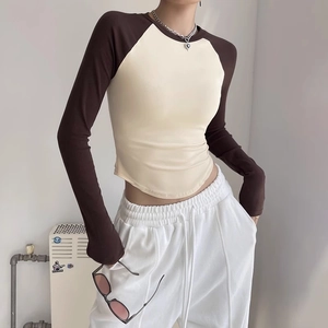 Women Patchwork Yoga Top Long Sleeve Slim Fit Raglan Sleeve Curved Hem Sports Gym Running Workout Breathable Cotton T-Shirt