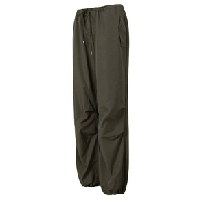 Women's loose dark olive cargo pants with drawstring waist and textured functional fabric