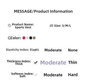 Size chart and fabric specs for high-stretch sports bras in S, M, L sizes
