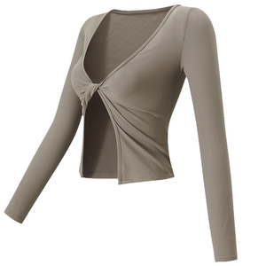 Top da yoga corto con incrocio frontale, maglia a coste marrone a maniche lunghe