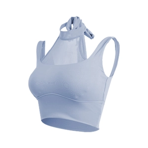 Reggiseno sportivo azzurro per yoga con scollo all'americana e inserti in rete