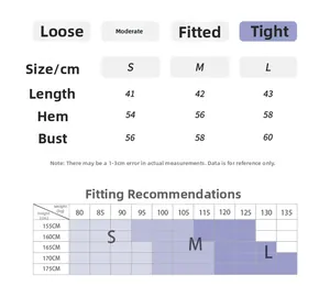 Size chart showing tight fit sports bra measurements for length, hem, and bust in S, M, L