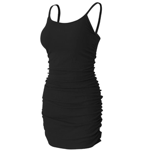 Sexy black ribbed bodycon mini dress with adjustable side drawstrings and slim straps