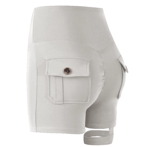 Hellgraue High-Waist Yoga Shorts mit Cargo-Taschen und Scrunch-Butt-Effekt für Damen