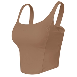 Dunkelbrauner Sport-BH mit breiten Trägern und seitlicher Raffung für Fitness und Yoga