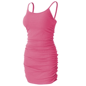 Rose pink ribbed bodycon dress with spaghetti straps and side drawstring ruched detail
