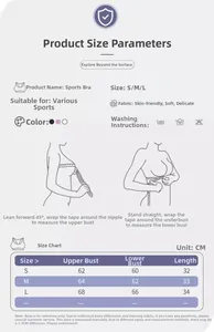 Detailed size chart for high-impact sports bra including measurements for S, M, and L sizes
