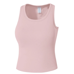 Soutien-gorge de sport côtelé rose clair ajusté pour femme avec col rond et sans manches