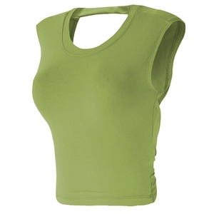 Women's avocado green sports bra with round neck and open back cutout design