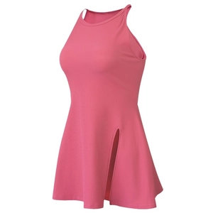 Women Ribbed Sporty Dress Side Slit Sleeveless Slim Fit Halter Neck Tennis Golf Athletic Dress Rose Red Blue
