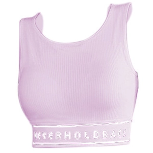 Light purple ribbed sports bra with white 'NEVERHOLDBACK' lettered elastic underband