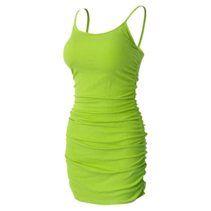 Neon green ribbed knit bodycon mini dress with ruching and thin spaghetti straps