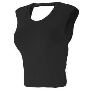 Detail view of black cropped sports top featuring athletic racerback cutout design