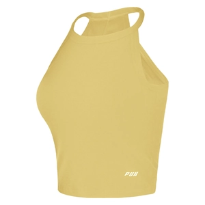 Halter top de sport jaune clair avec logo PUH blanc et texture en maille côtelée