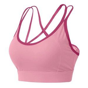 Pink contrast-trim sports bra with dual-strap crisscross back for yoga and running