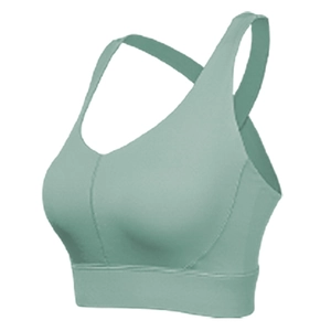 Detailansicht der mintgrünen Kreuzträger am elastischen Yoga Sport-BH für Damen