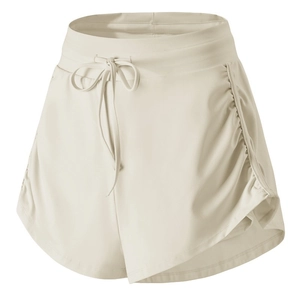 Women's high waist breathable sports shorts in beige with side drawstring and elastic waist