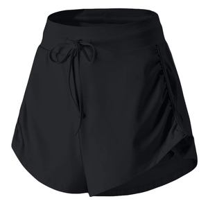 Women's loose black sports shorts with drawstring waist and breathable layered design