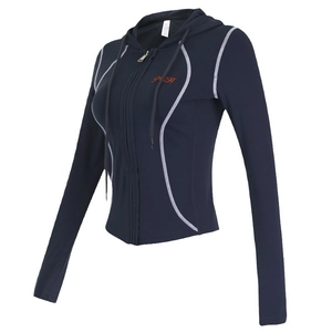 Veste de yoga slim bleu foncé pour femme avec fermeture éclair et coutures contrastées