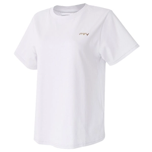 T-shirt de yoga blanc à col rond et manches courtes avec logo PVY doré sur la poitrine