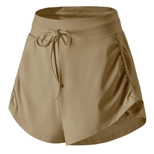 Women's 2-in-1 khaki athletic shorts with drawstring waist and breathable mesh layer