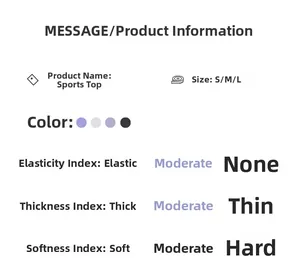 Size chart for high-stretch sleeveless yoga top in purple, grey-blue and dark grey