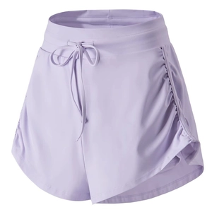Women's light purple athletic shorts with drawstring waist and side ruching detail