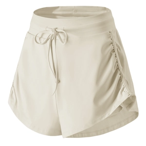 Short de sport femme blanc crème double couche avec taille haute élastique et cordons