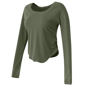 T-shirt de yoga vert olive à manches longues avec fronces latérales et ourlet arrondi
