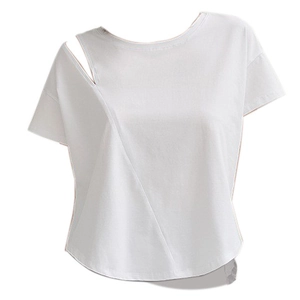 Women Asymmetric Hollow Out Shoulder Sport T-Shirt Breathable Short Sleeve Loose Yoga Fitness Running Training Athletic Top