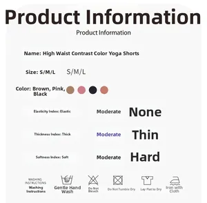 Detailed chart showing high waist yoga shorts elasticity, softness, and care instructions